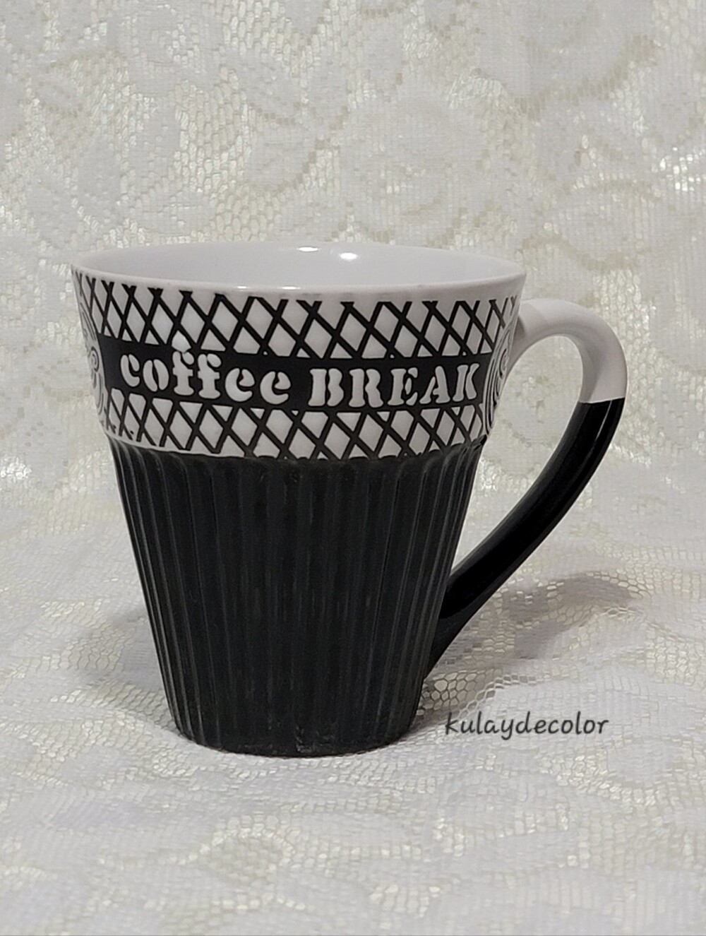Coffee Break Black White Ceramic Coffee Mug Embossed Ribbed Cup Replacement Mug